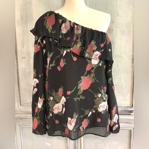 Club Monaco Black Rose Floral Silk Chiffon Blouse Sz L
